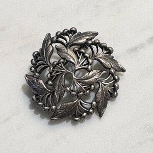 Vintage Round Cherry Tree Swirl Silver Pewter Brooch